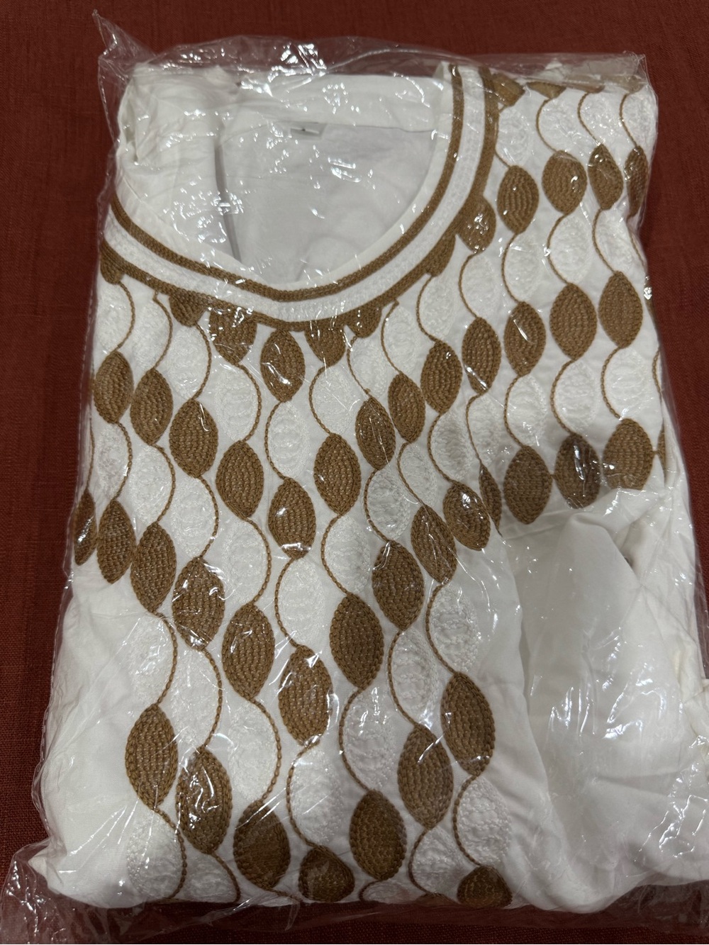 White Maxi Dress with Gold Leaf-Pattern Embroidery